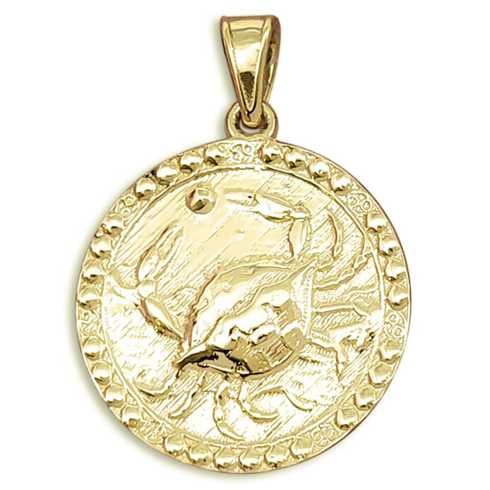 Real 14K Yellow Gold Cancer Pendant, Zodiac Sign Coin Pendant Astrology Jewelry