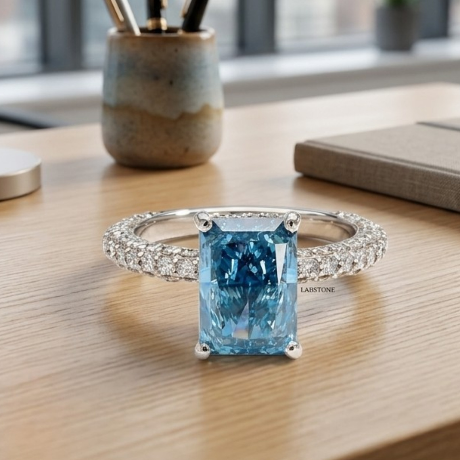 950 Platinum IGI Lab Grown Diamond Ring Fancy Intense Blue 3.50 Ct Radiant Cut