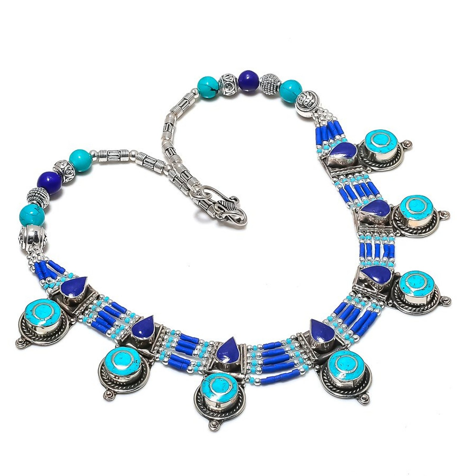 Turquoise Lapis Lazuli Gemstone Necklace Amazing Tibetan Nepali Jewelry 18″ N104