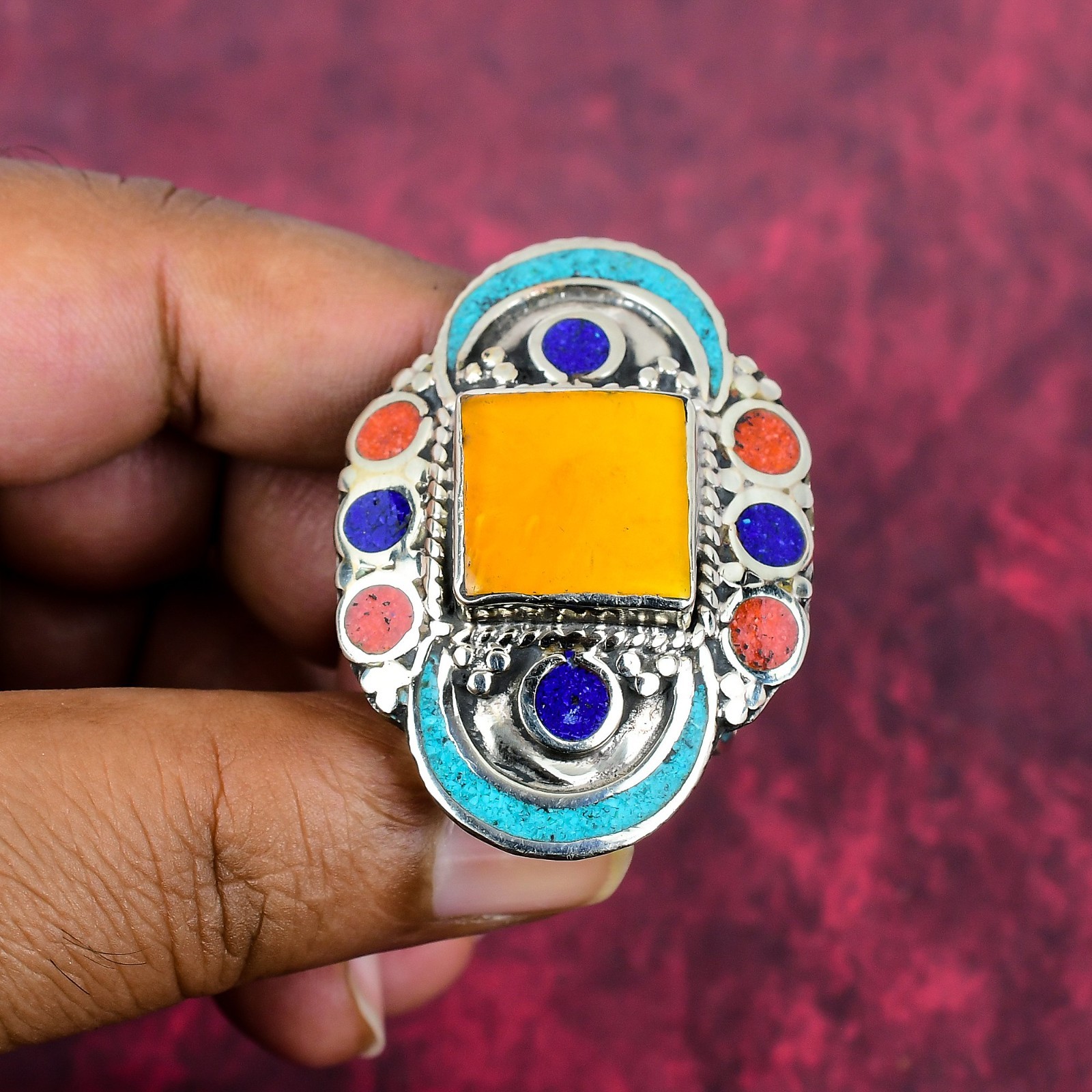 Turquoise & Coral Gemstone Handmade 925 Sterling Silver Nepali Ring Jewelry