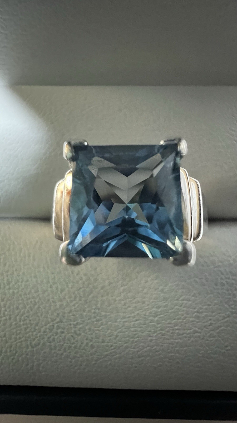 Vintage Sterling Silver 925 Signed Square Blue Topaz Prong Set Ring, Size 7.5