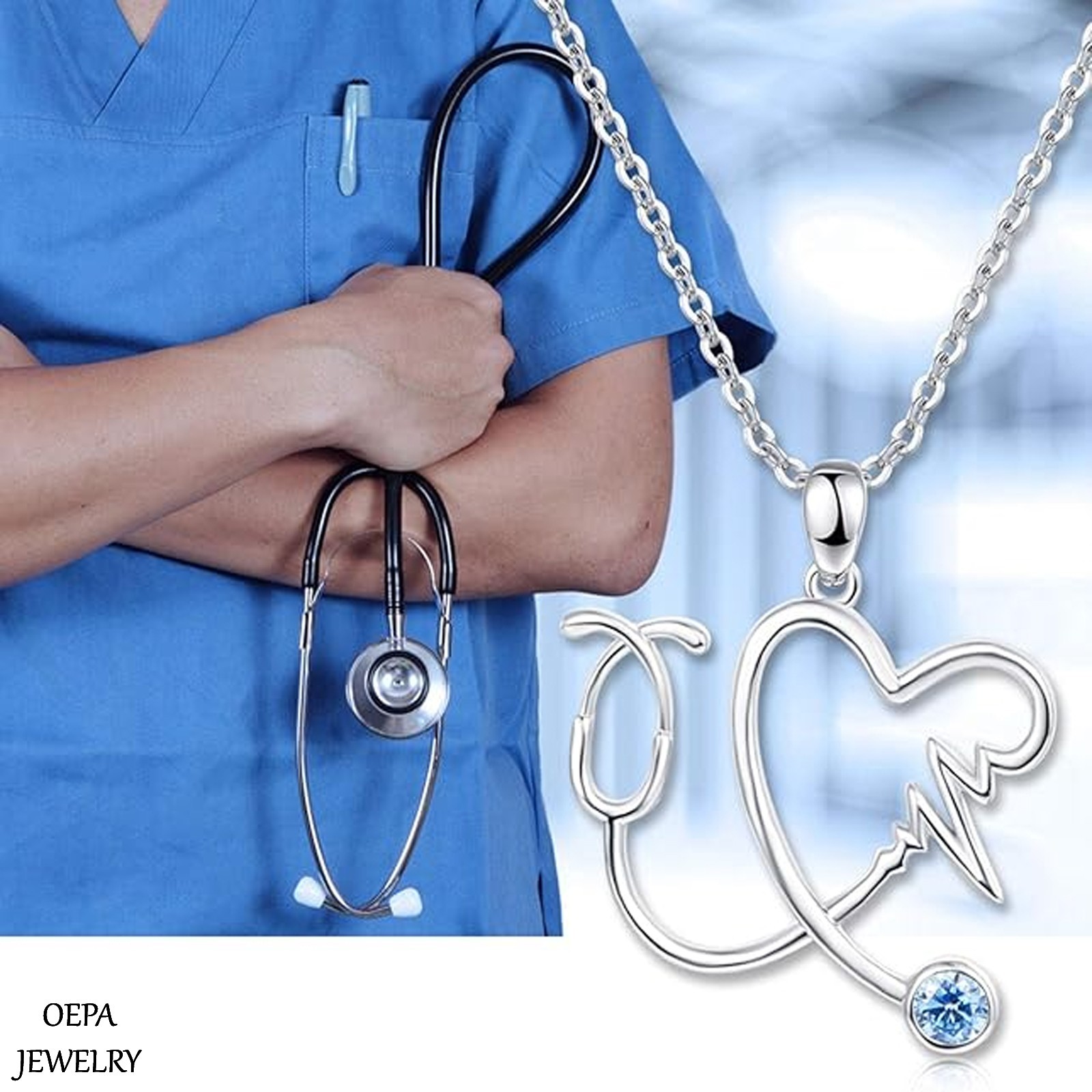 Nurse Necklace 925 Sterling Silver Stethoscope Heartbeat Necklace for Women
