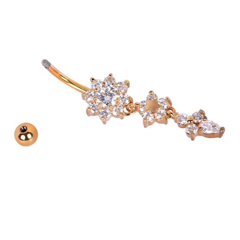 CZ Flower Belly Button Ring Surgical Steel Dangle Navel Bar Barbell Piercing 14g