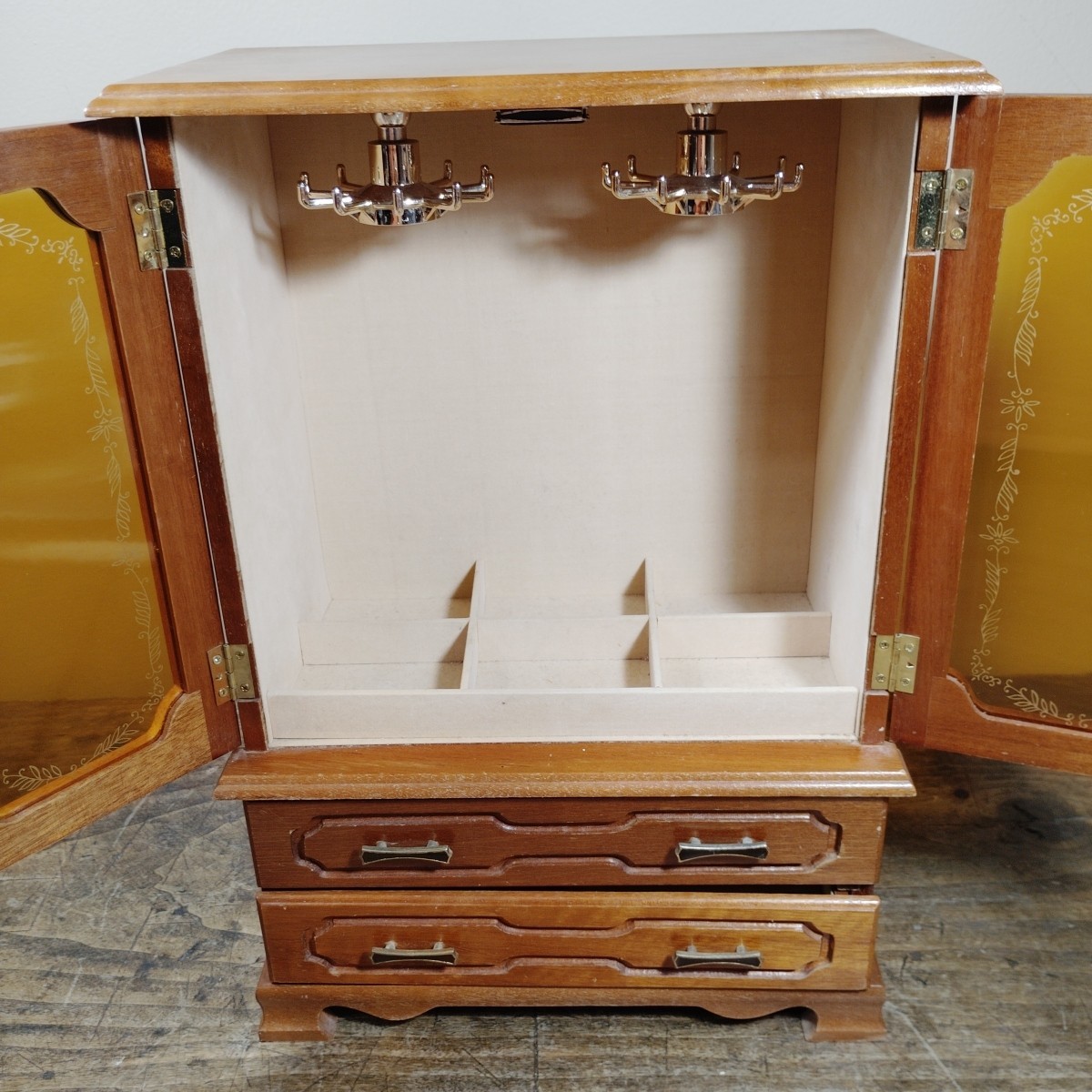 Vintage Standing Jewelry Box Necklace Holder 2 Drawers Doors Wood Brown Ring