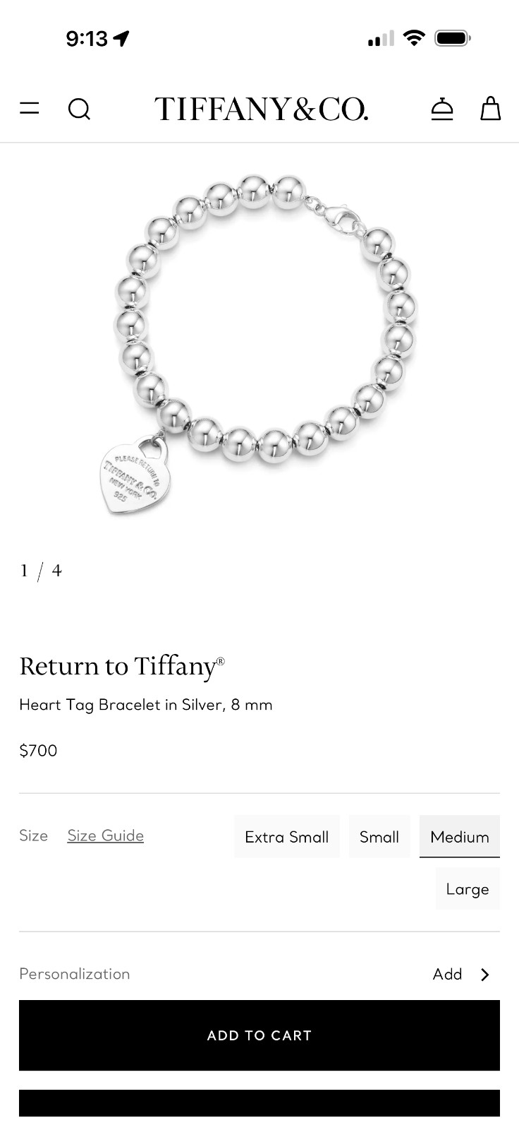 Return To Tiffany 8 mm Bead Balls Bracelet With Medium Size Heart Tag 7.5