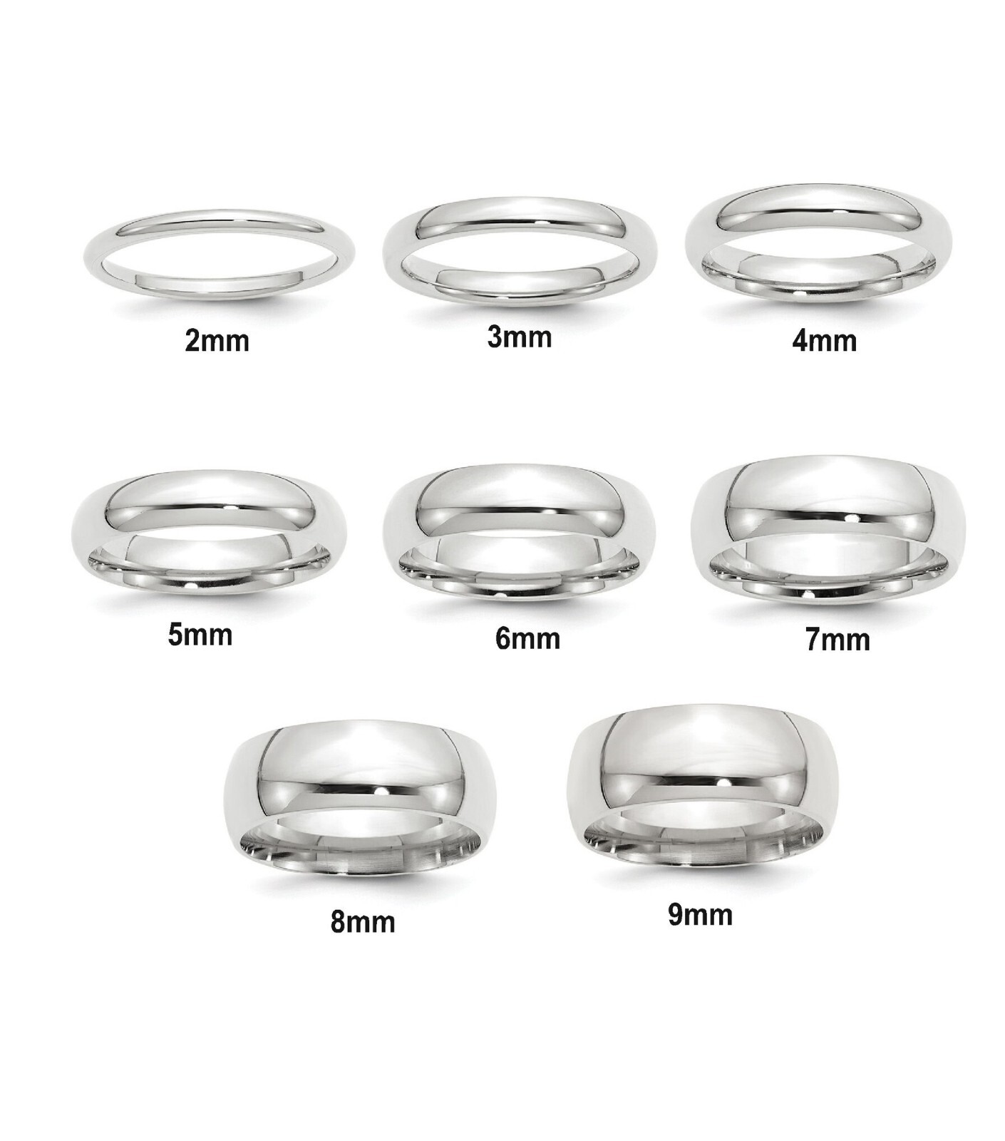 Solid Sterling Silver Comfort Fit Wedding Bands 2mm 3mm 4mm 5mm 6mm 7mm 8mm 9mm