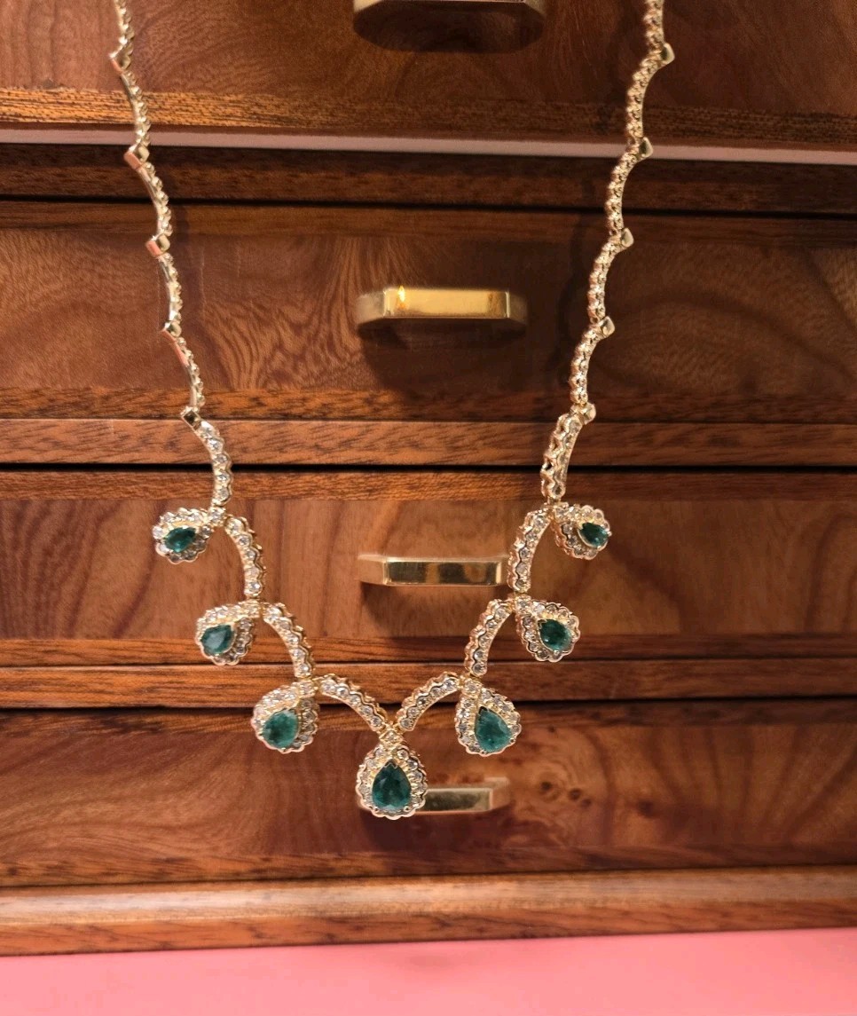 Natural Emerald Necklace, 4.5Ct Emeralds ,1.35ct Diamonds 14k Yellow Gold,New