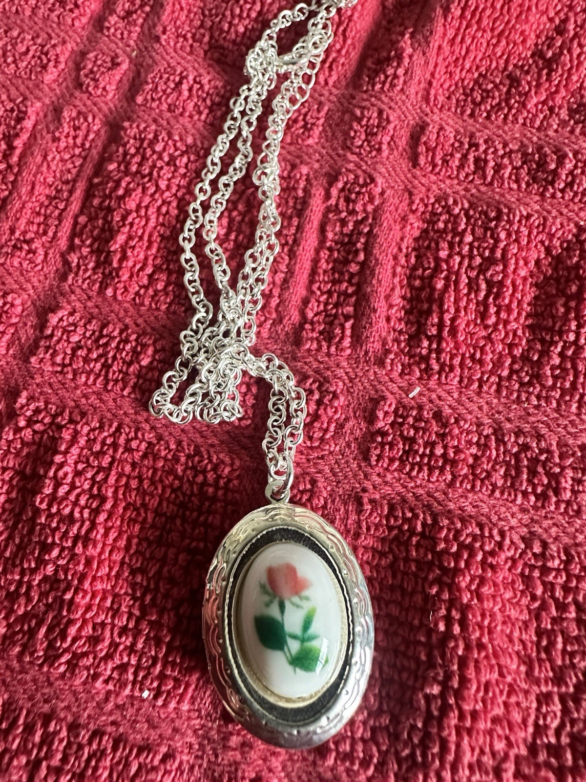 Rose Locket Cameo Silvertone Necklace
