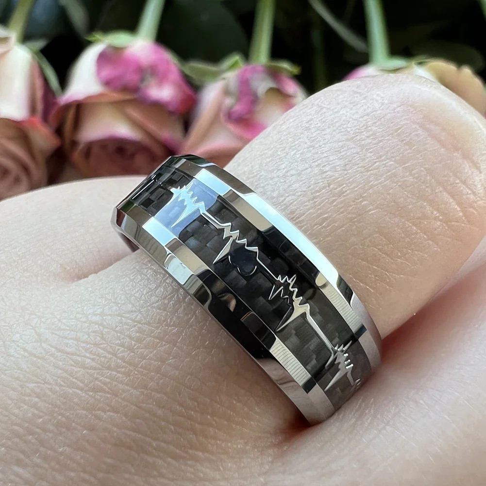 8mm Carbon Fiber Heart Inlay Tungsten Carbide Wedding Band Ring Men Jewelry
