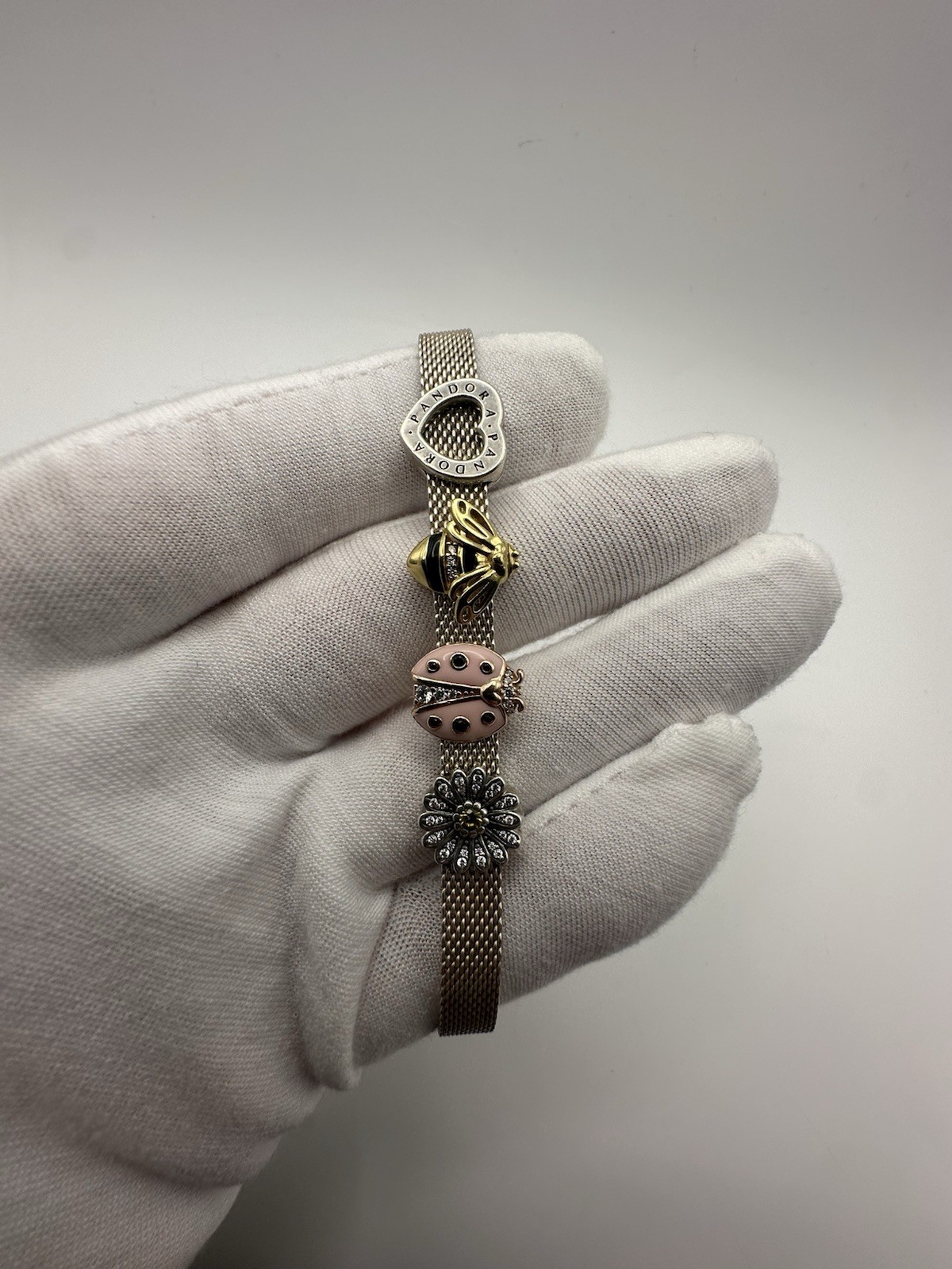 Genuine Pandora Reflections Mesh Bracelet Sterling Silver With 4 Charms 8” Long