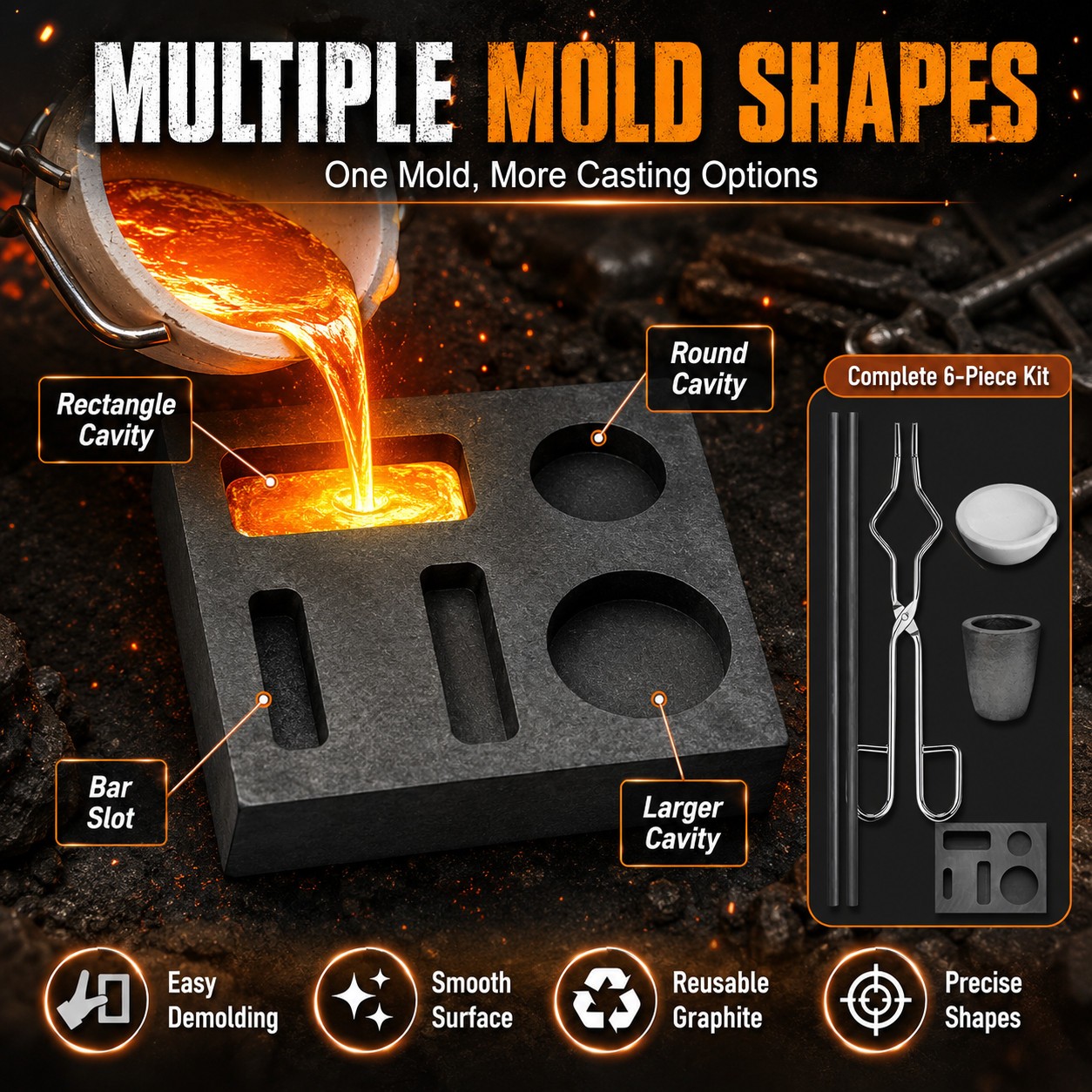 6Pack Graphite Ingot Mold Crucible Torch Melting Kit Gold Silver Copper Set Tool