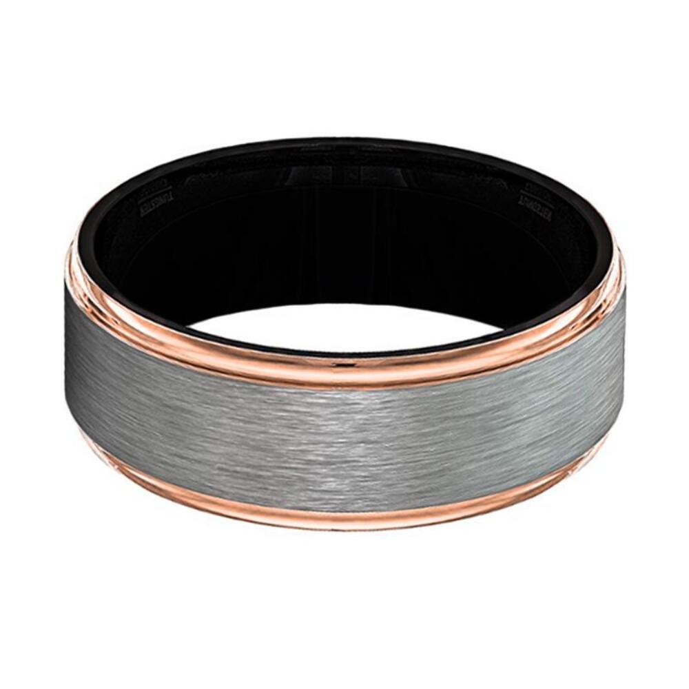 GOLIATH Gray Tungsten Wedding Band for Men with Rose Gold Stepped Edges and Blac