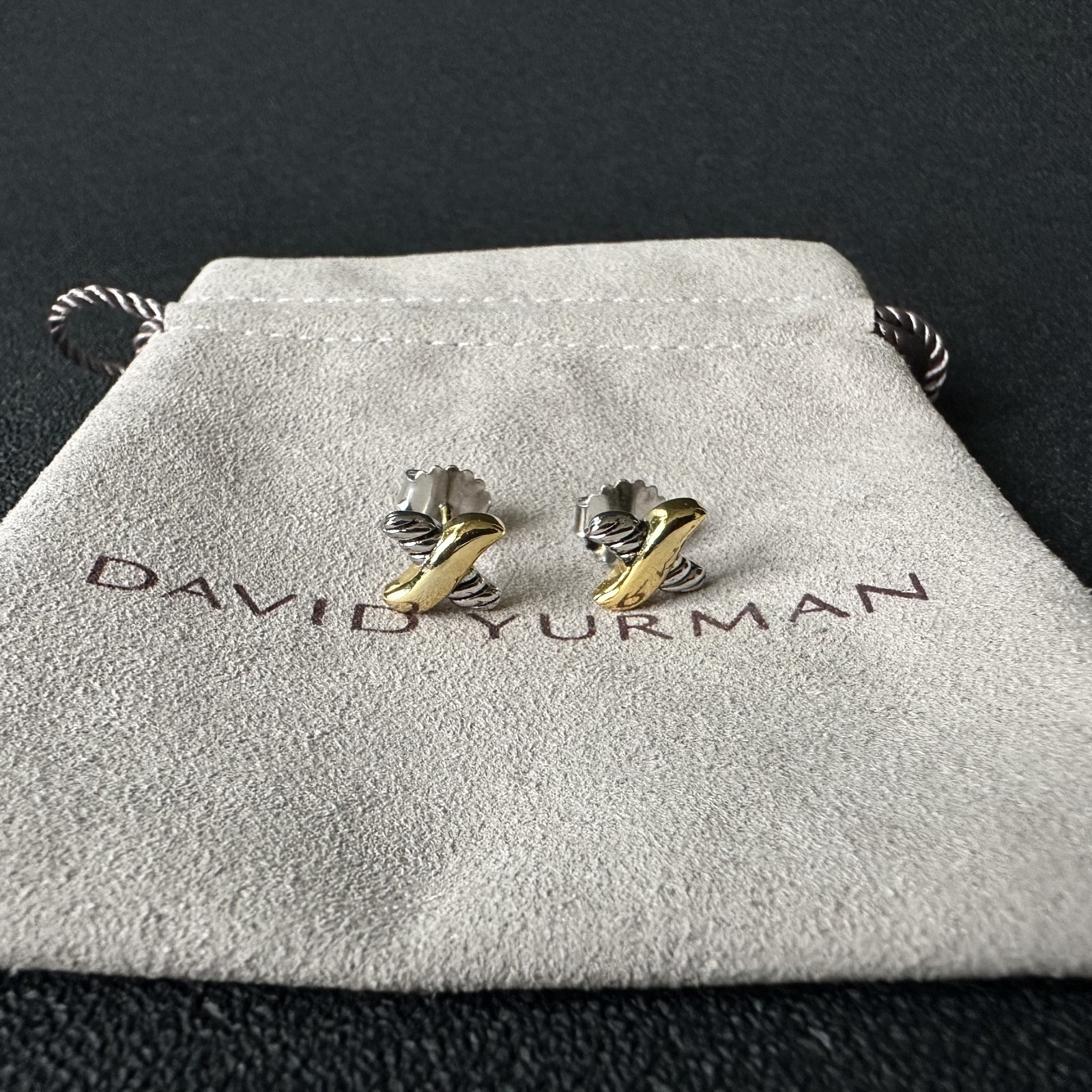 David Yurman Crossover X Stud Earrings 925Silver 18K Gold Two Tone Twisted Cable