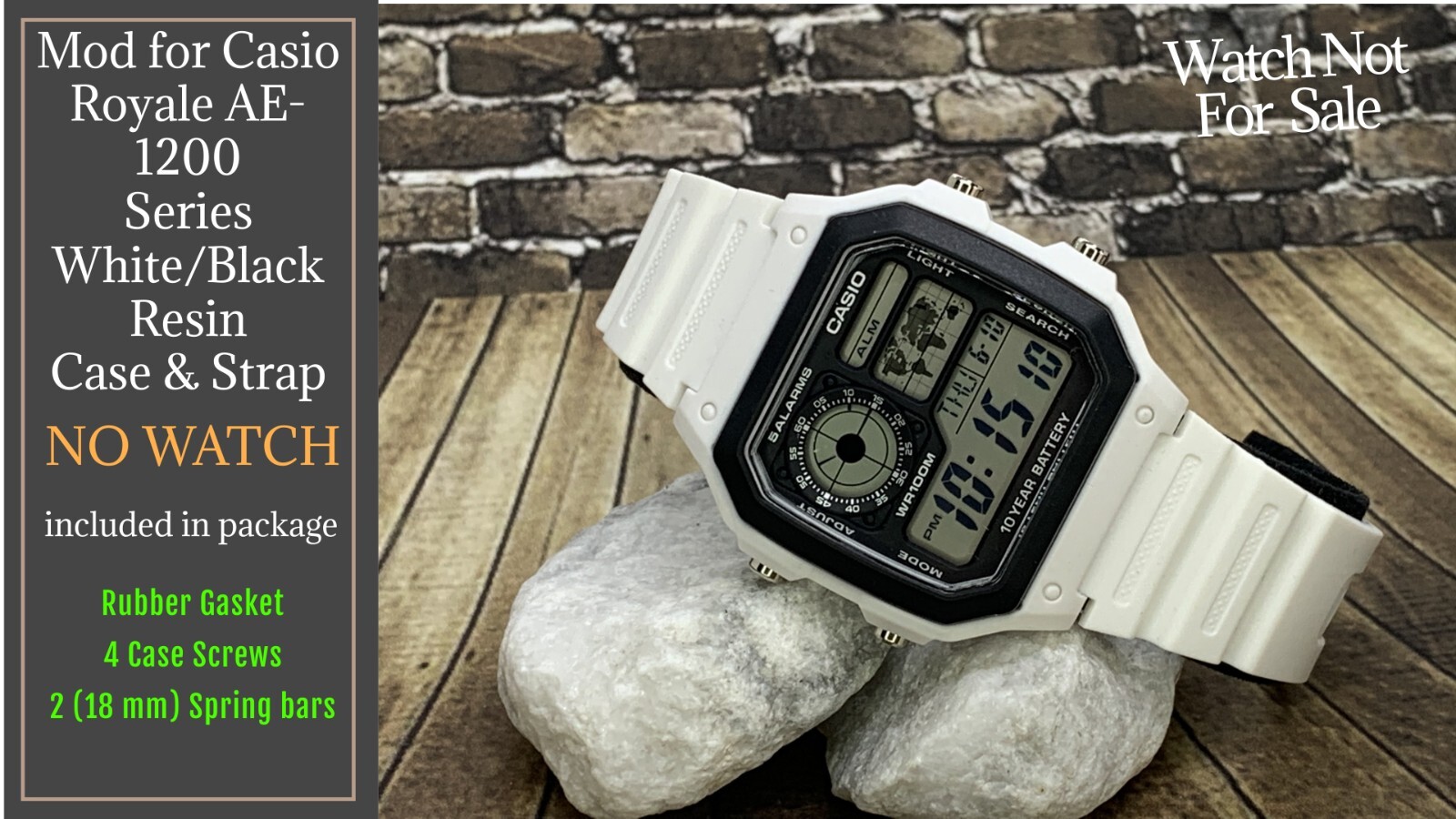White/Black Mod Case & Strap for Casio World Time Royale AE-1200 NO WATCH