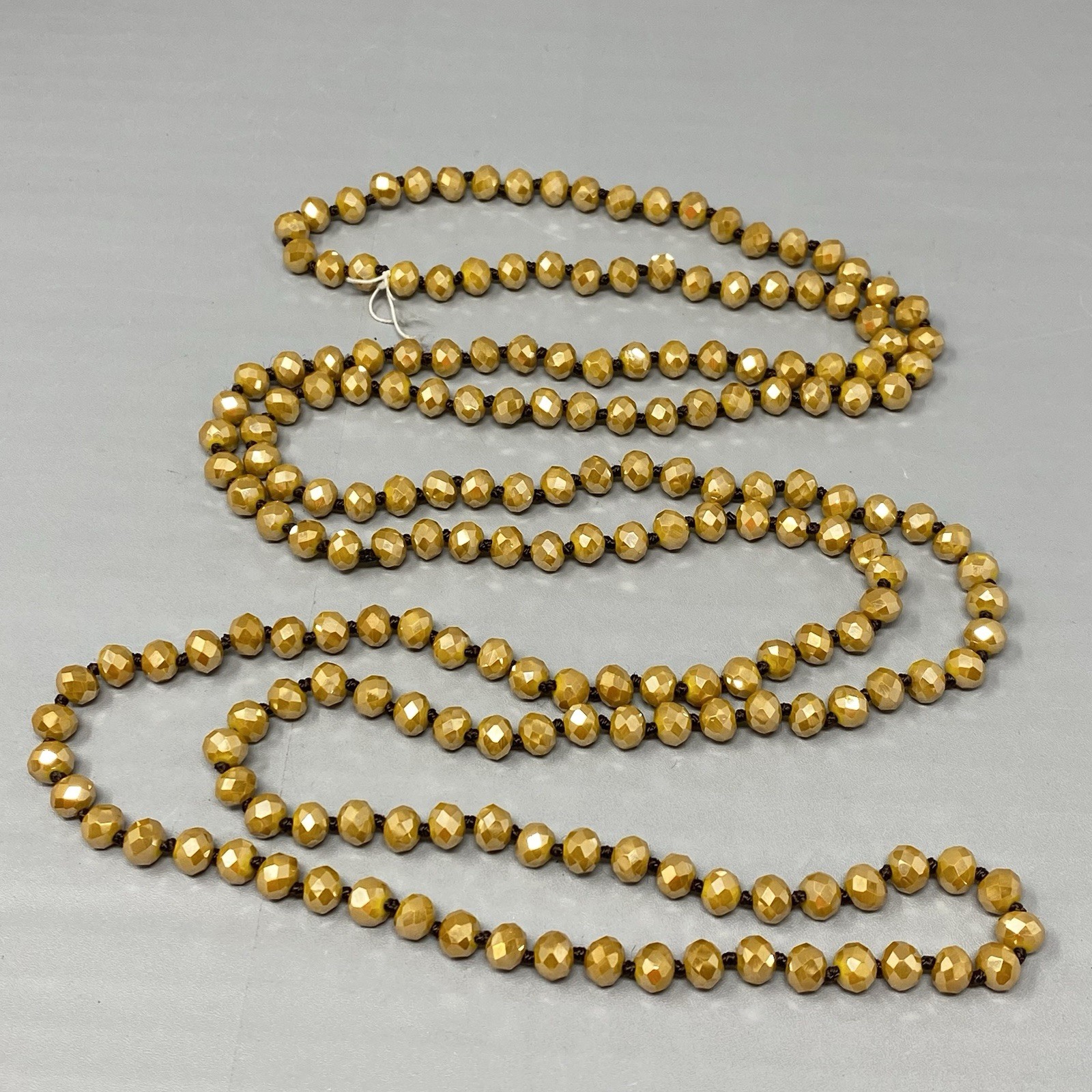 Czech Gold Glass Bead Flapper Necklace Fire Polished Coated Hand Knotted Cord 62
