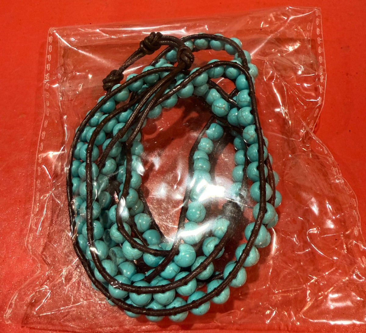Victoria Emerson Turquoise Beaded Dark Brown Leather 5x Wrap Bracelet 33″-36″