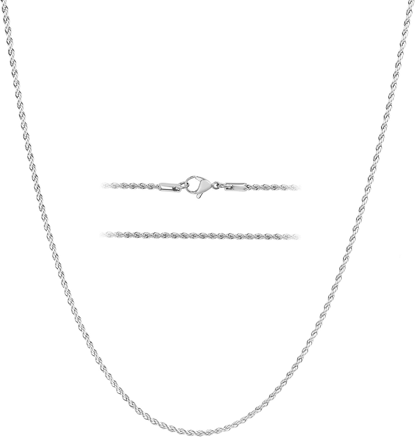 White Gold Rope Chain Necklace for Women 2Mm Plated Stainless Steel | 2Mm, 16-30