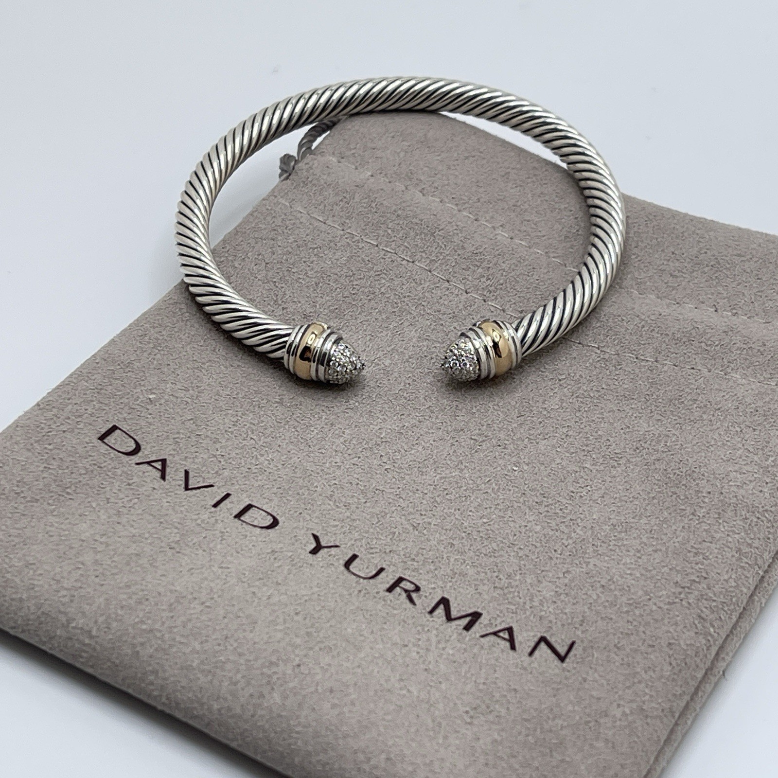 David Sterling Silver & 14K Gold 5mm Cable Cuff Bracelet Diamond Tips