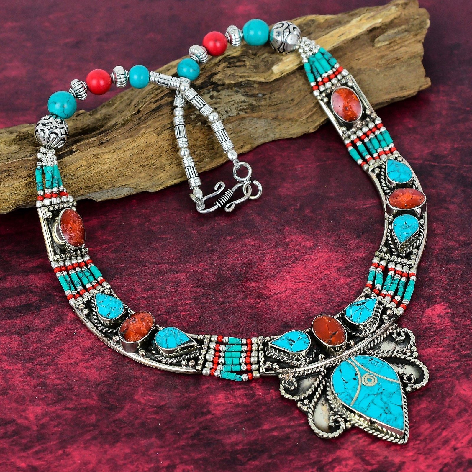 Turquoise Gemstone Handmade 925 Sterling Silver Tribal Nepali Jewelry Necklace