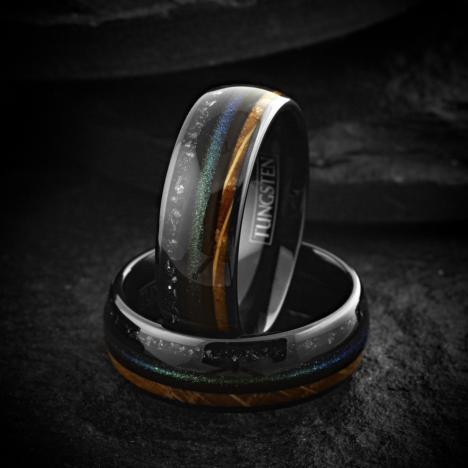 Black Tungsten Carbide Green Sand Whiskey Barrel Wood Faux Meteorite Band Ring