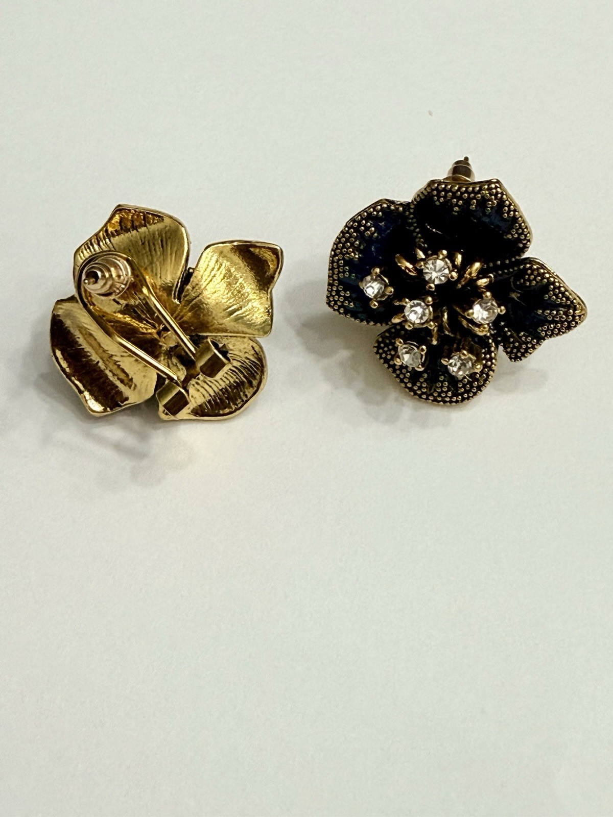 Stud Earrings Blue Enamel Flower Cluster Clear Rhinestone Screw Back Gold