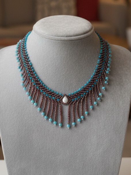 Handcrafted Fringe Choker Necklace – Freshwater Pearl Beads Gold/Brown