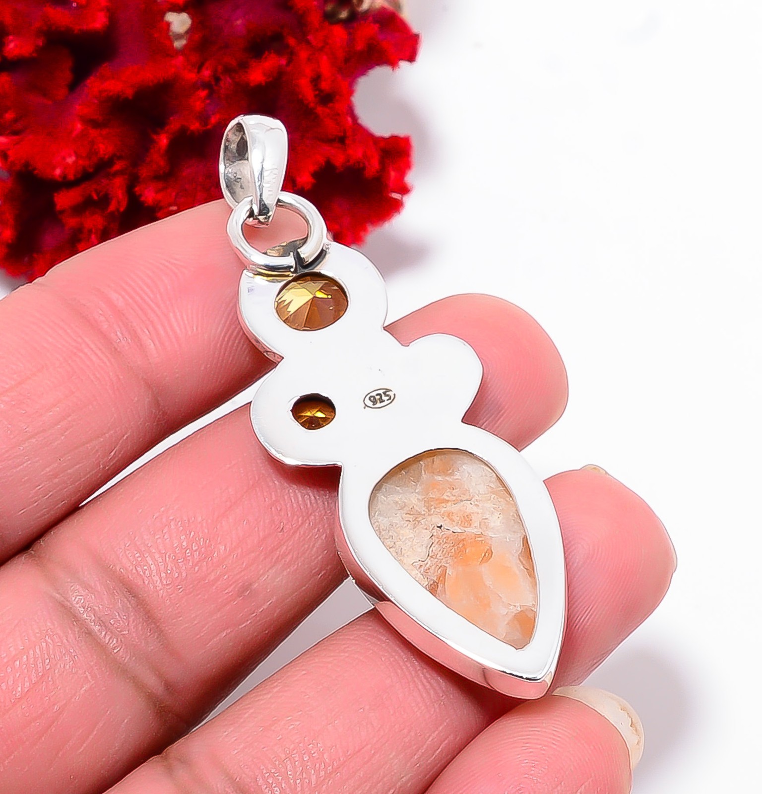 Orange Calcite- Peru & Citrine Handmade 925 Sterling Silver Pendant 2.03″ P94330