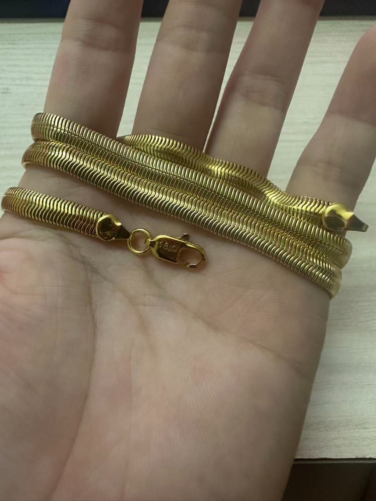 18K Solid Gold 6mm Herringbone Chain Necklace Flat Snake Bone Link Chain