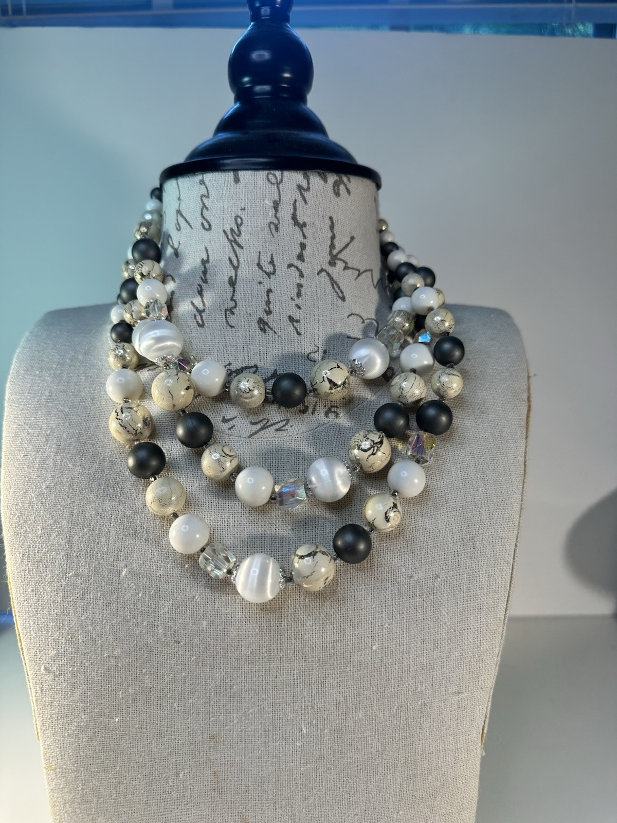 Vintage Multi-Strand Beaded Necklace, Black White Gray Beads, Adjustable Jewelry