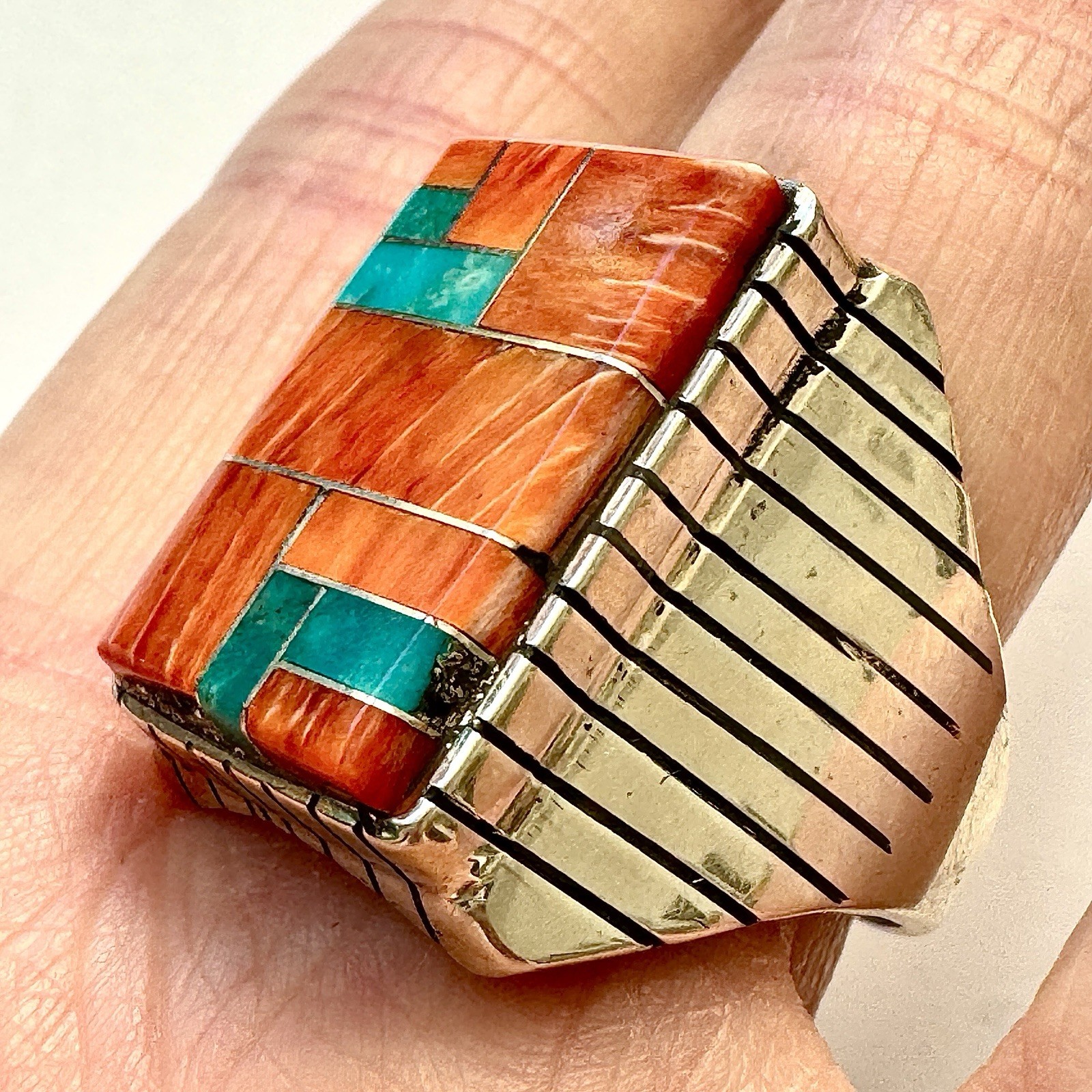 Turquoise Multi Stone Inlay Mens Ring Sz 13 Navajo Sterling Signed T Jack 22mm