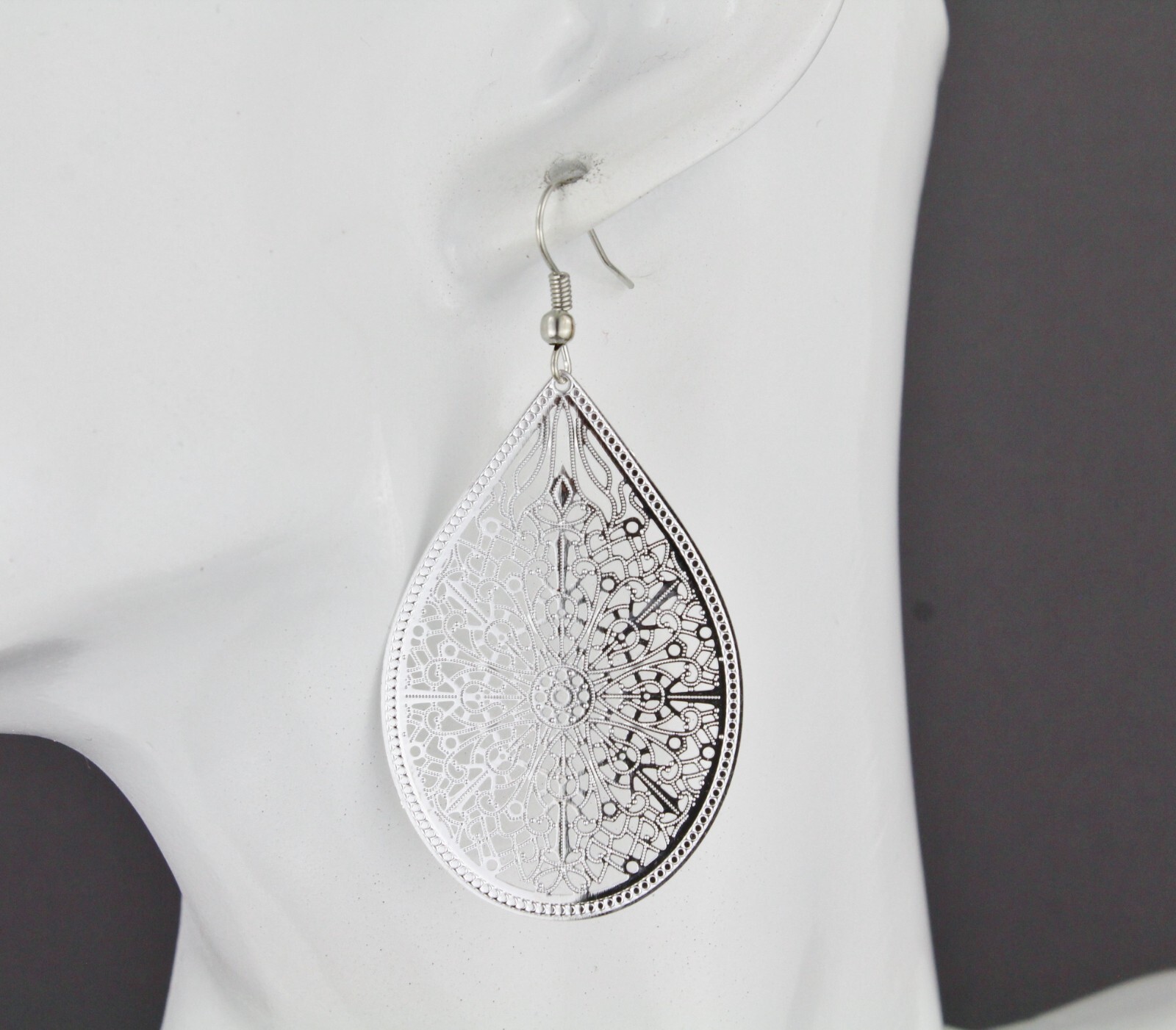 Silver earrings teardrop dangle shiny VERY lightweight filigree 2.5″ long