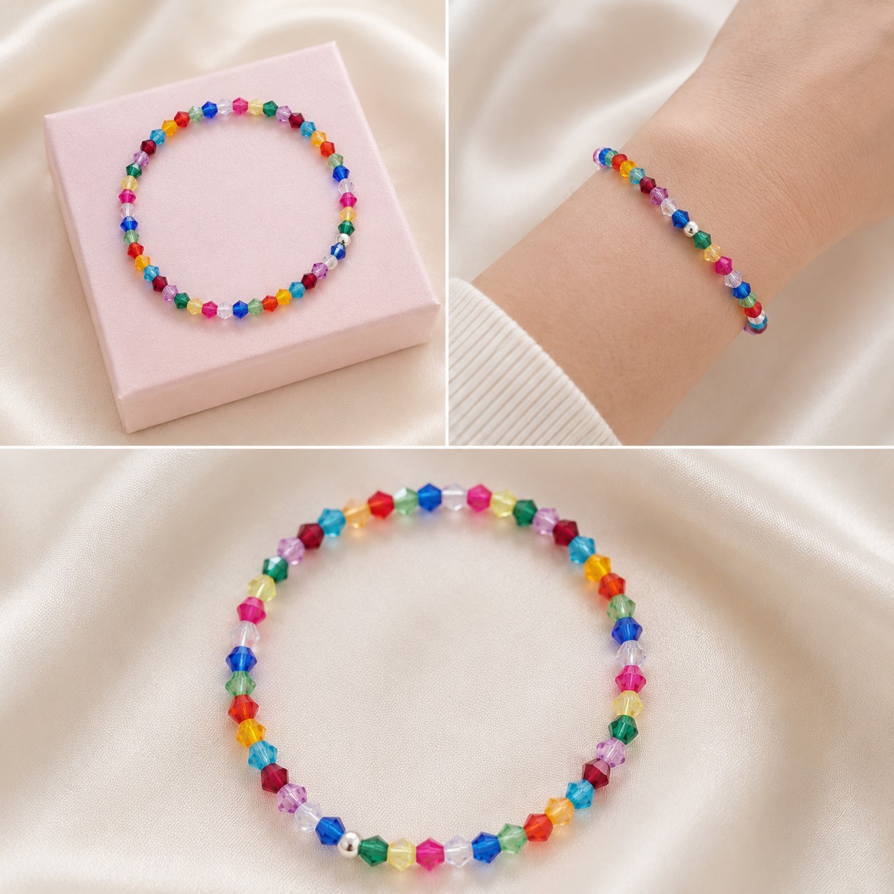 Summer Rainbow Crystal Stretch Beaded Bracelet Sterling Silver Bead Gift for Her