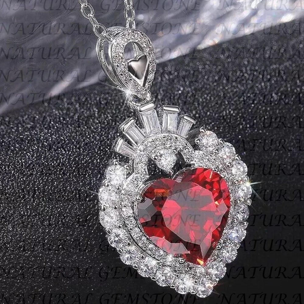 6.80Carat Heart Shape Natural Ruby and Diamond Pendant 18K White Gold Plated