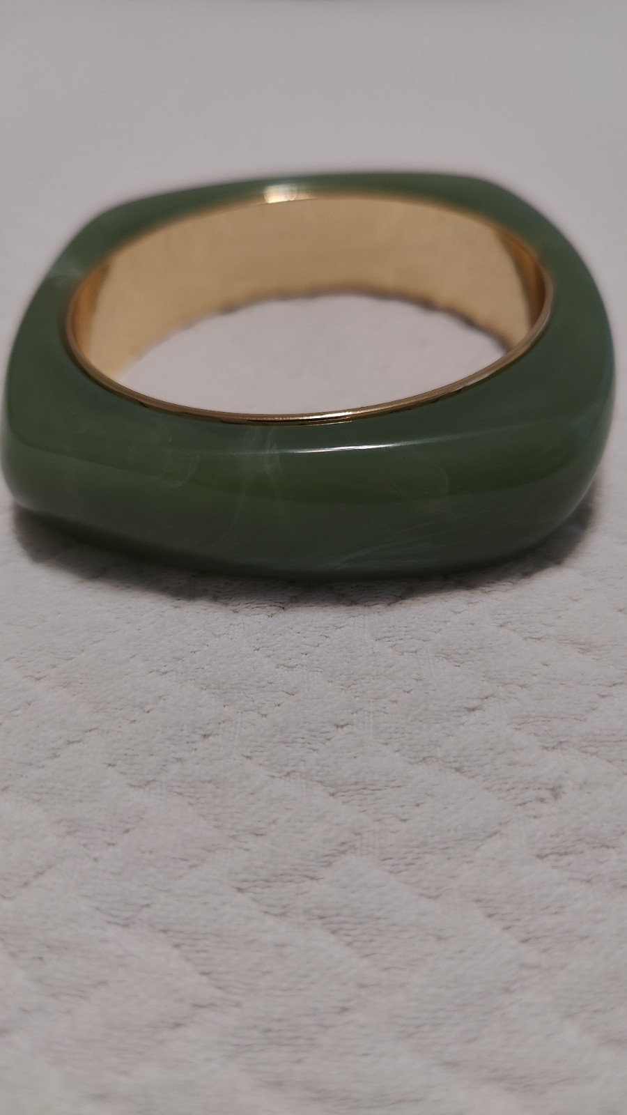 Vintage Jade-Like Green Stone Bangle Bracelet Gold Tone Lined Heavy Chunky
