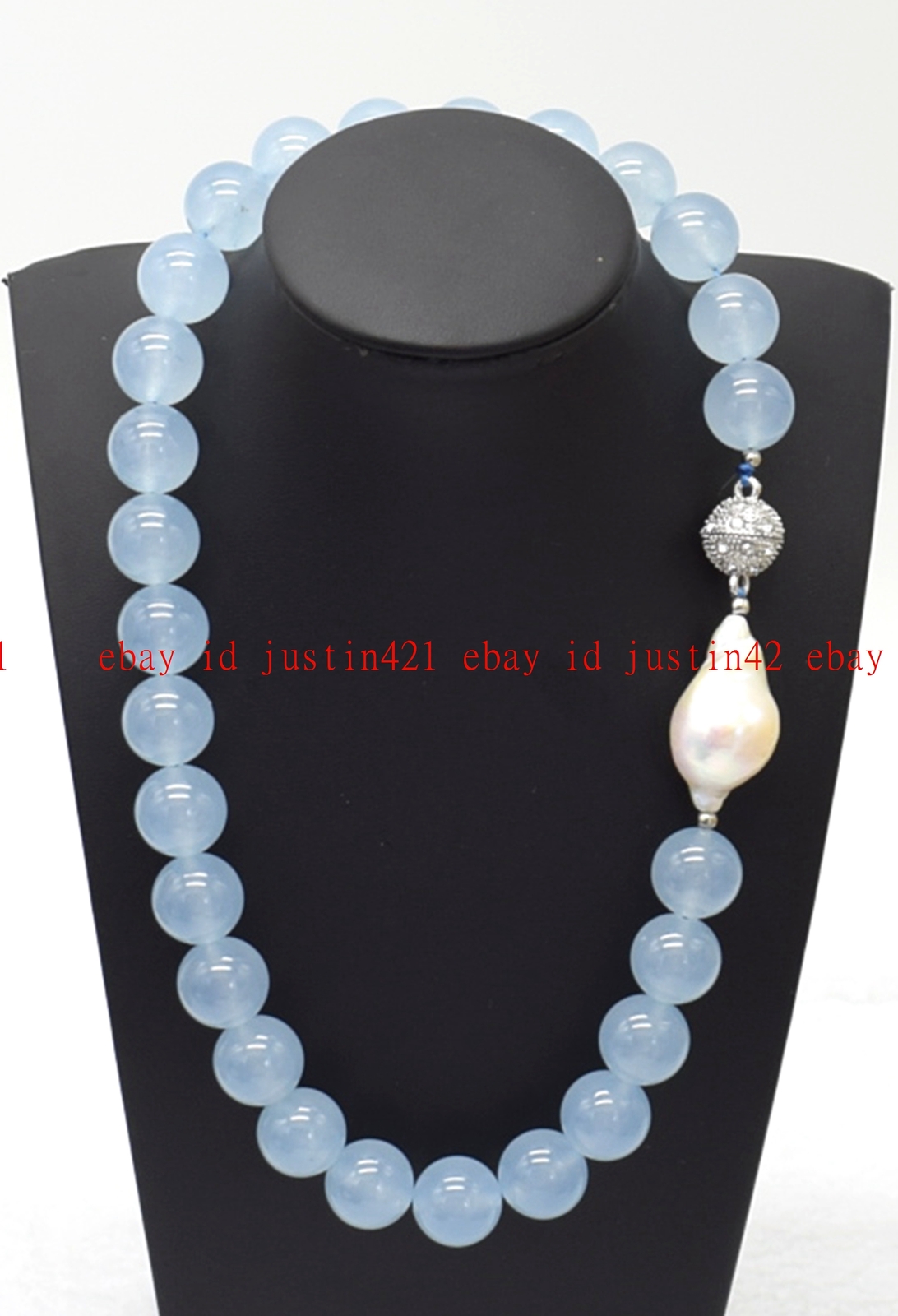 Real Natural Light Blue Jade Round Gemstone White Keshi Baroque Pearl Necklace