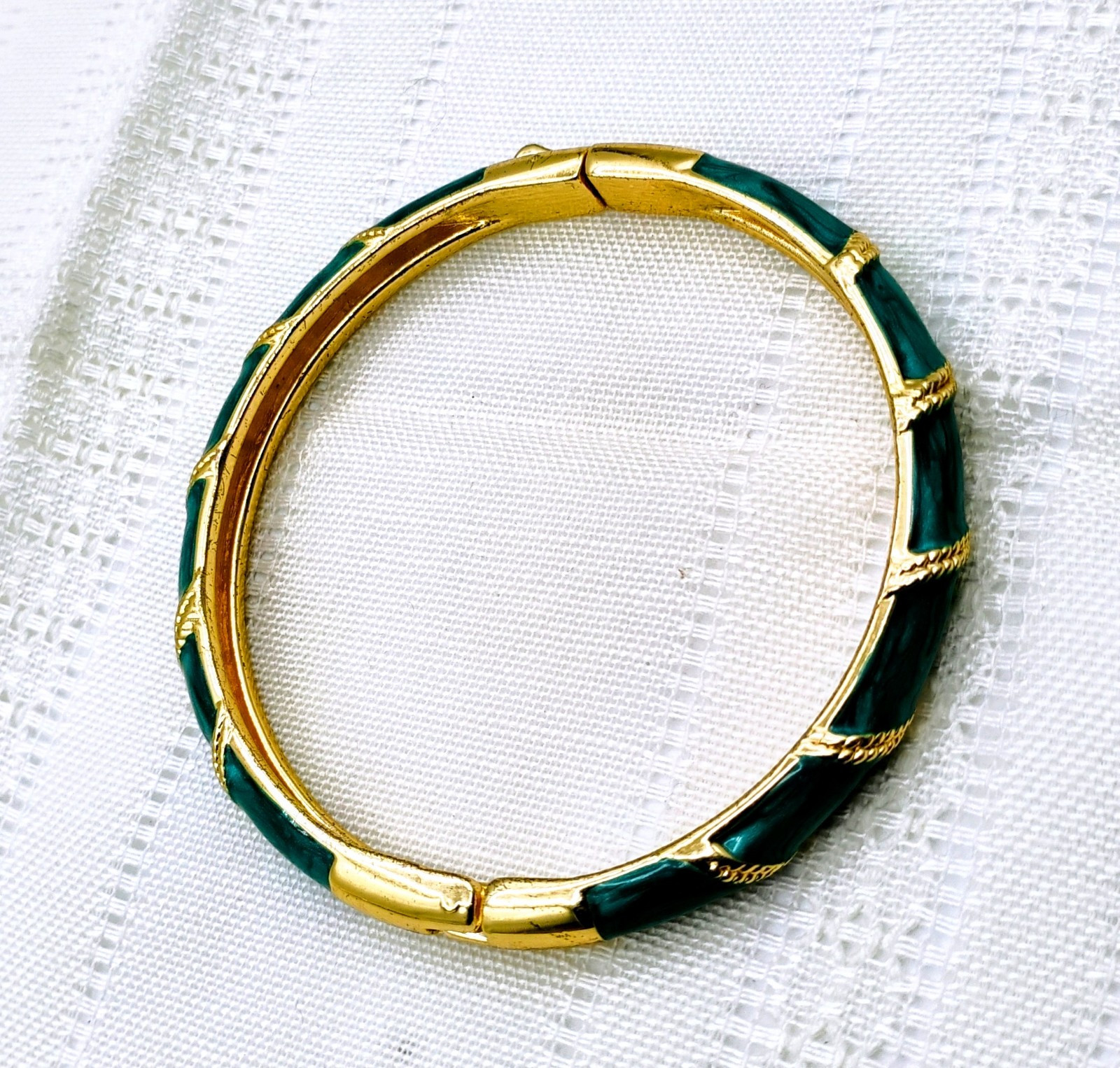 Enamel Bracelets Hinged Green with Gold & Beige W/ Black/ Silver 1970s To 1980s