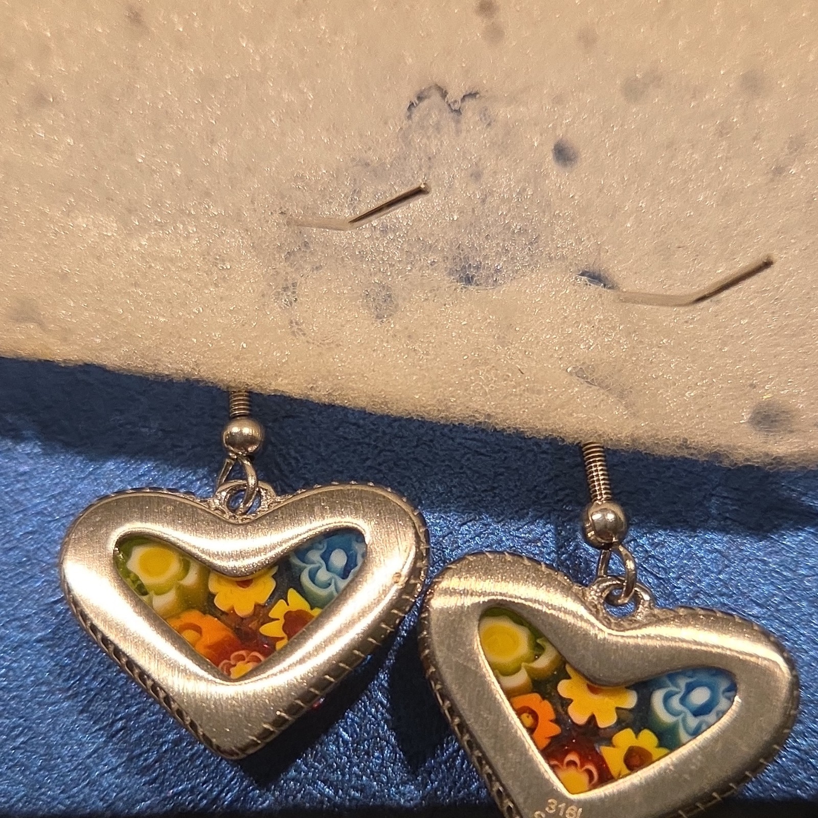 Heart Dangle Murano Style Earrings. In Stainless Steel