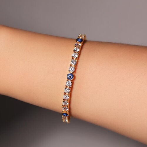 5Ct Round Lab Created Diamond Evil Eye Tennis Bracelet 14k Yellow Gold Finish