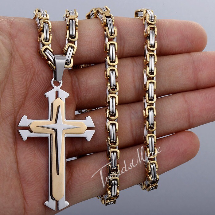 Silver/Gold Plated Mens Chain Cross Byzantine Stainless Steel PENDANT NECKLACE