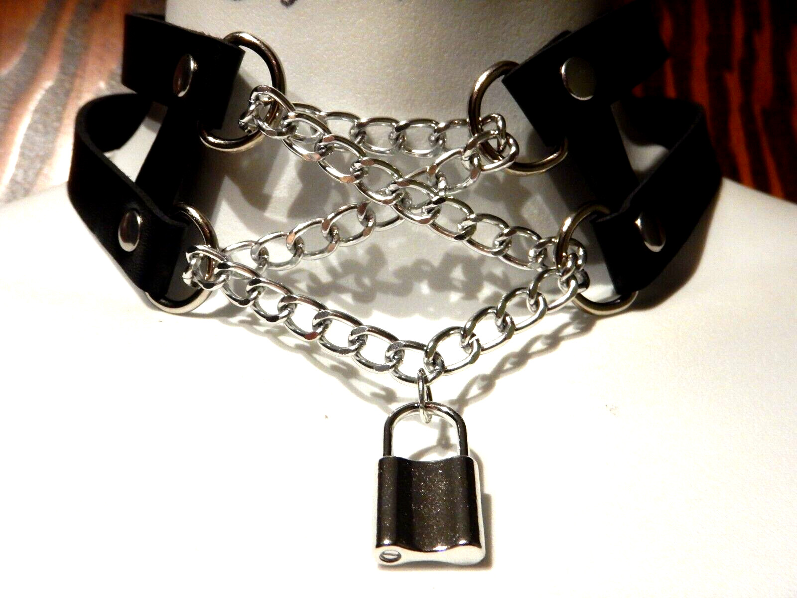 CORSET-LACED CHAIN COLLAR black pleather studded cage choker goth grunge punk Z8
