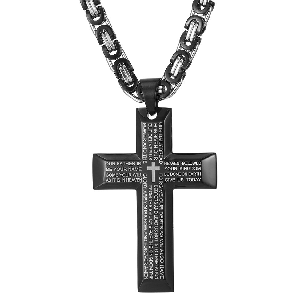 Men’s Black Stainless Steel Scripture Cross Pendant Necklace Byzantine Chain