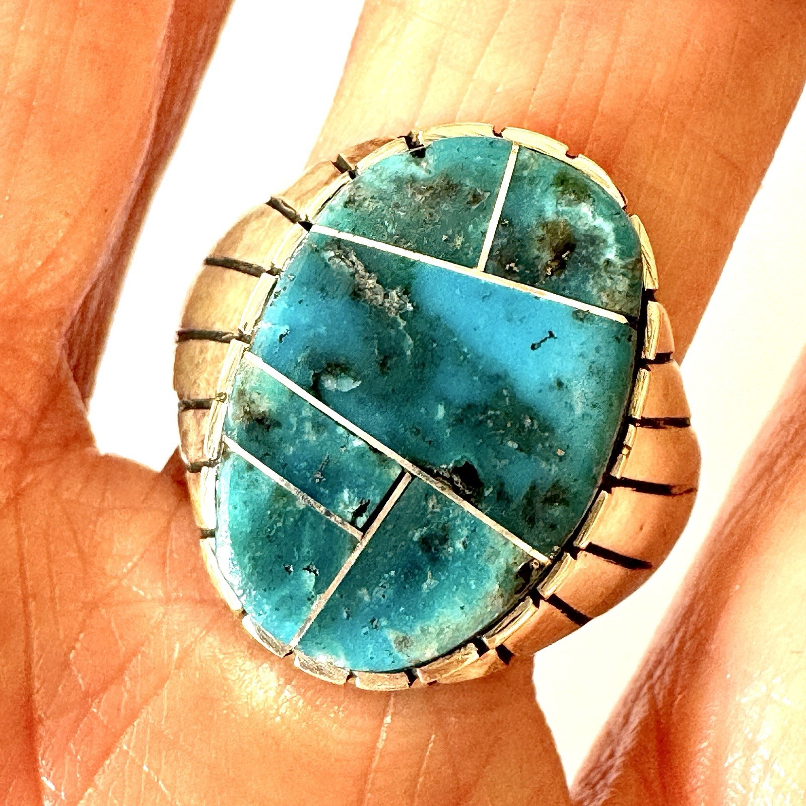 Turquoise Inlay Mens Ring Sz 12 Oval Navajo Signed T Jack Sterling Mosaic 20mm