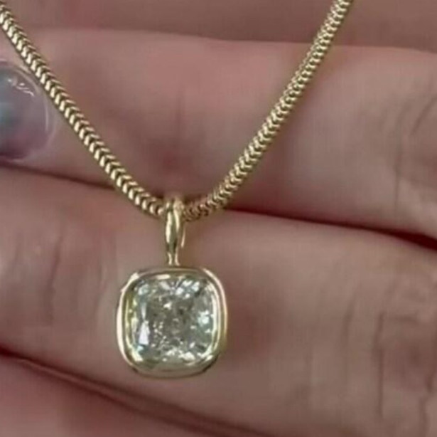 3 CT Cushion Cut Bezel Moissanite Wedding Pendant 14K yellow Gold Plated For Her