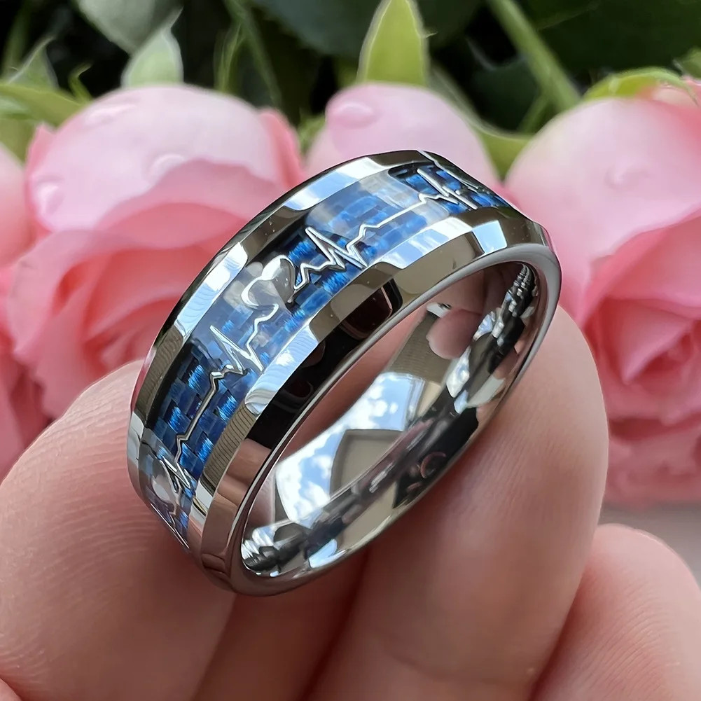 8mm Carbon Fiber Heart Inlay Tungsten Carbide Wedding Band Ring Men Jewelry