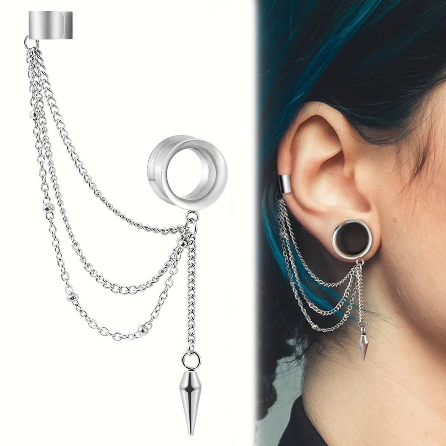 2PCS 6mm-25mm (2G-1″) Trendy Cuff Clip Triple Chain Dangle Ear Plugs Gauges S…