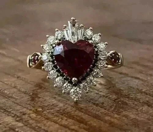 Art Deco Style Heart Garnet Lab Created Diamond Wedding 14K Yellow Gold FN Ring