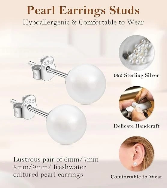 Pearl Stud Earrings 925 Sterling Silver Cubic Zirconia Women Jewelry Gift US