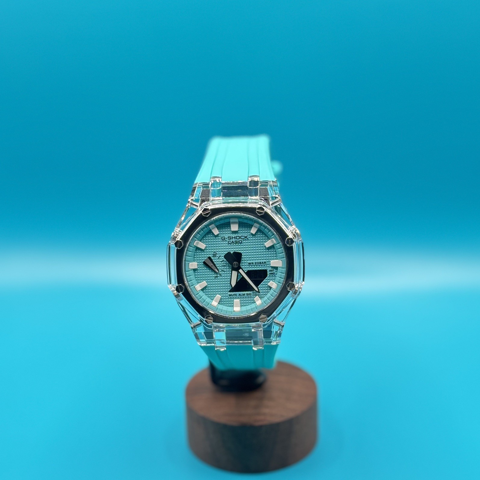 Custom GA-2100 Octagonal Watch Clear Case Sky Blue Dial Casio G-SHOCK Pool Blue