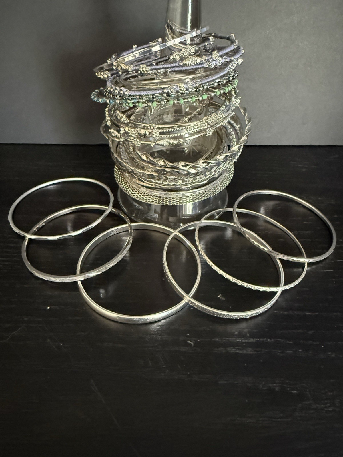 Lot Of 20+ Silver Tone Bangle Bracelets Thin Lightweight Stackable Textured