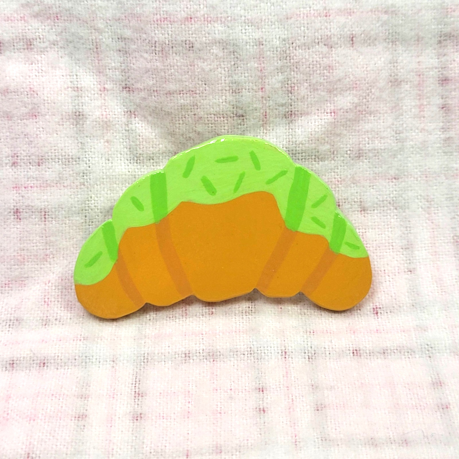 Handmade Croissant Pin Polymer Clay Food Cute Handcrafted Art Pink Green